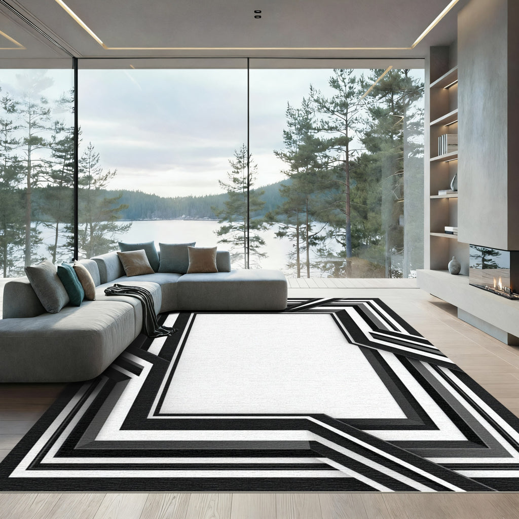 Chic Black White Layered Geometric Rug