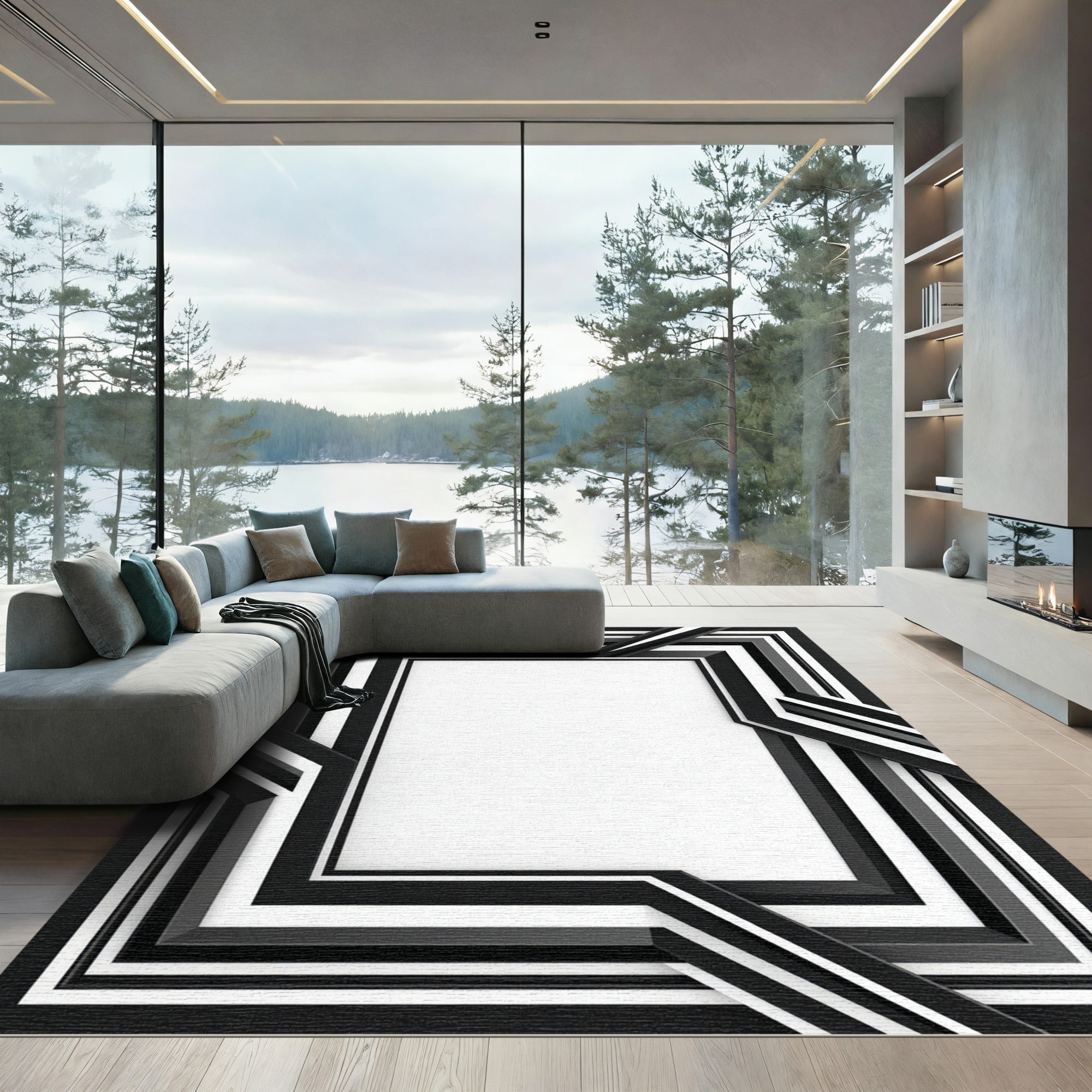 Chic Black White Layered Geometric Rug