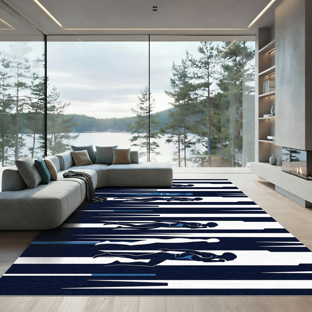 Abstract Navy Blue Swimming Figure Art Rug