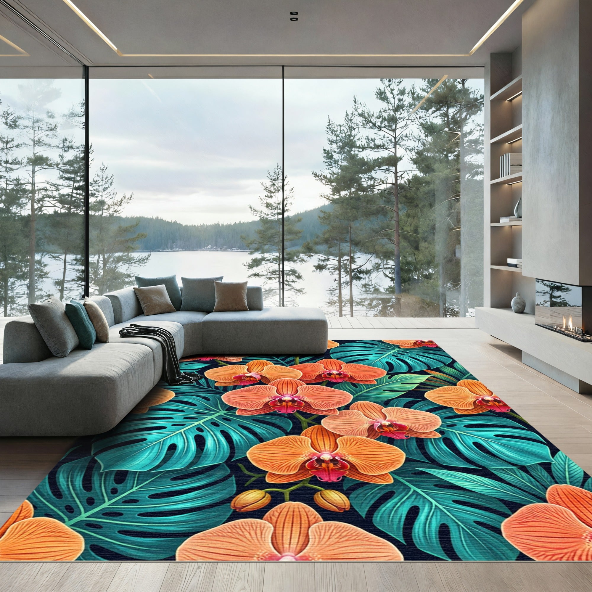 Vibrant Orange Orchid Tropical Foliage Rug