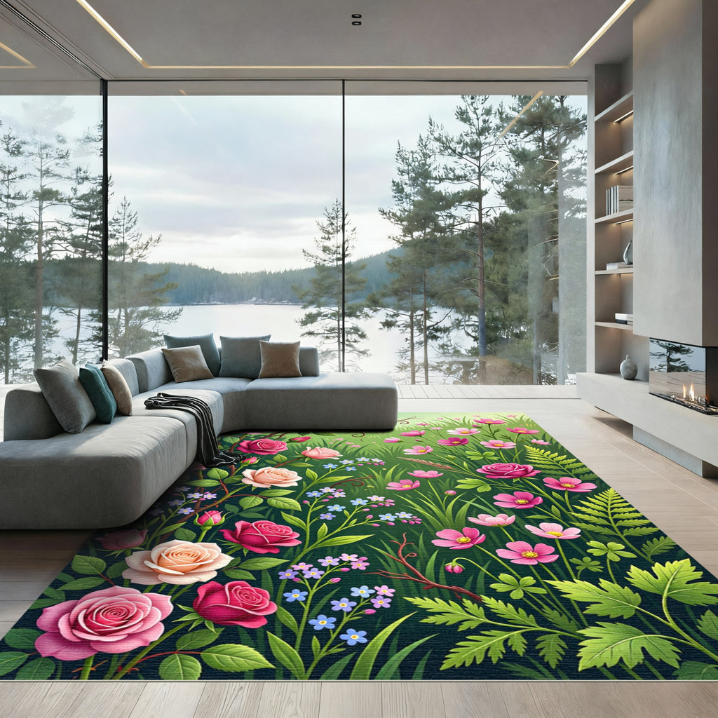 Enchanted Pink Rose and Wildflower Meadow Rug