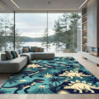 Prehistoric Teal Dinosaur Jungle Landscape Rug