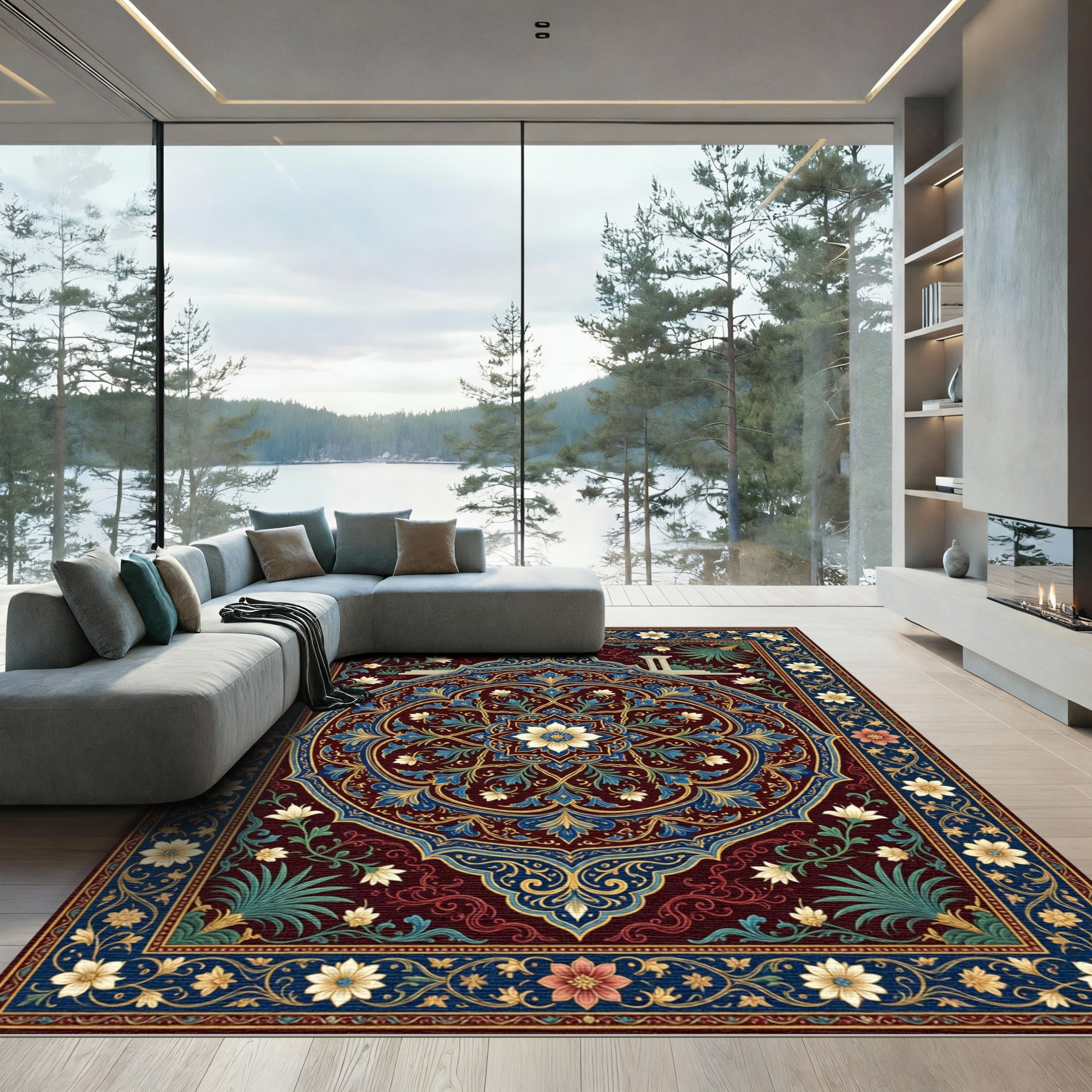 Ornate Blue Crimson Floral Medallion Rug
