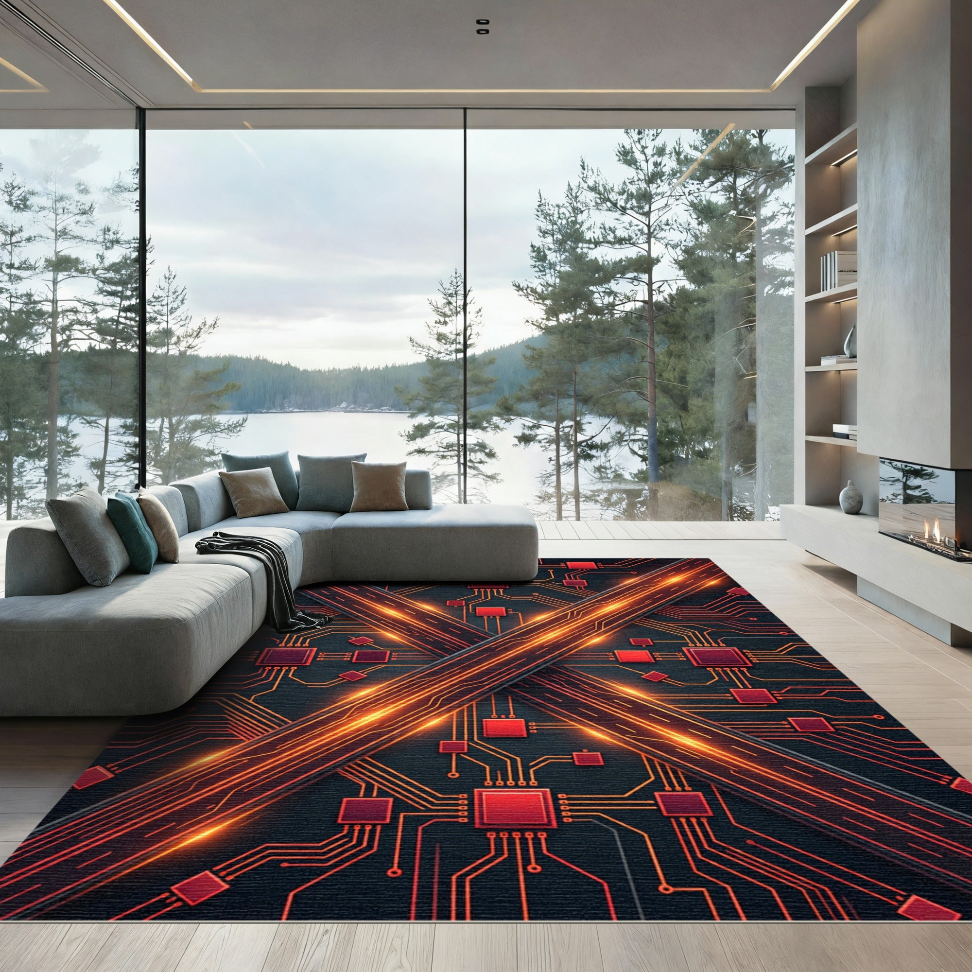 Circuit Board Red Circuitry Abstract Rug