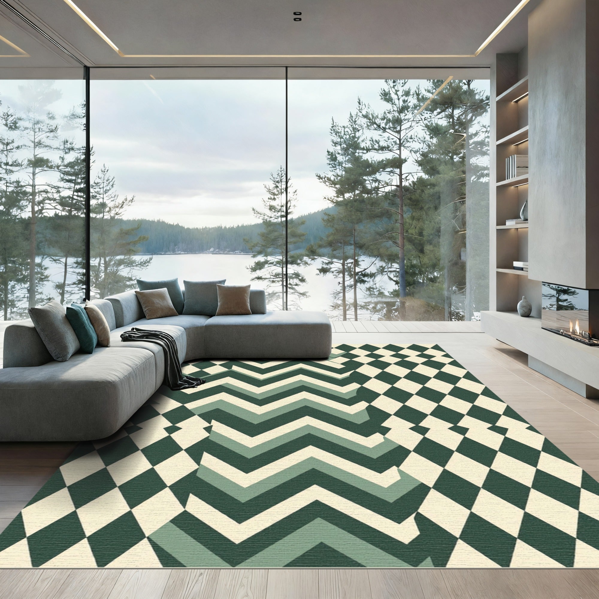 Geometric Olive Diamond Chevron Mosaic Rug
