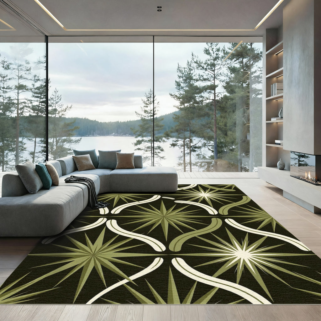 Olive Starburst Mid-Century Geometric Grid Rug
