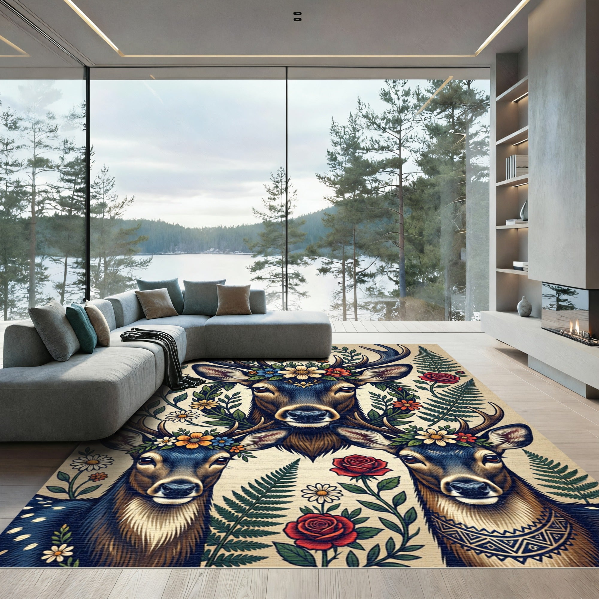 Floral Deer Antler Forest Meadow Rug