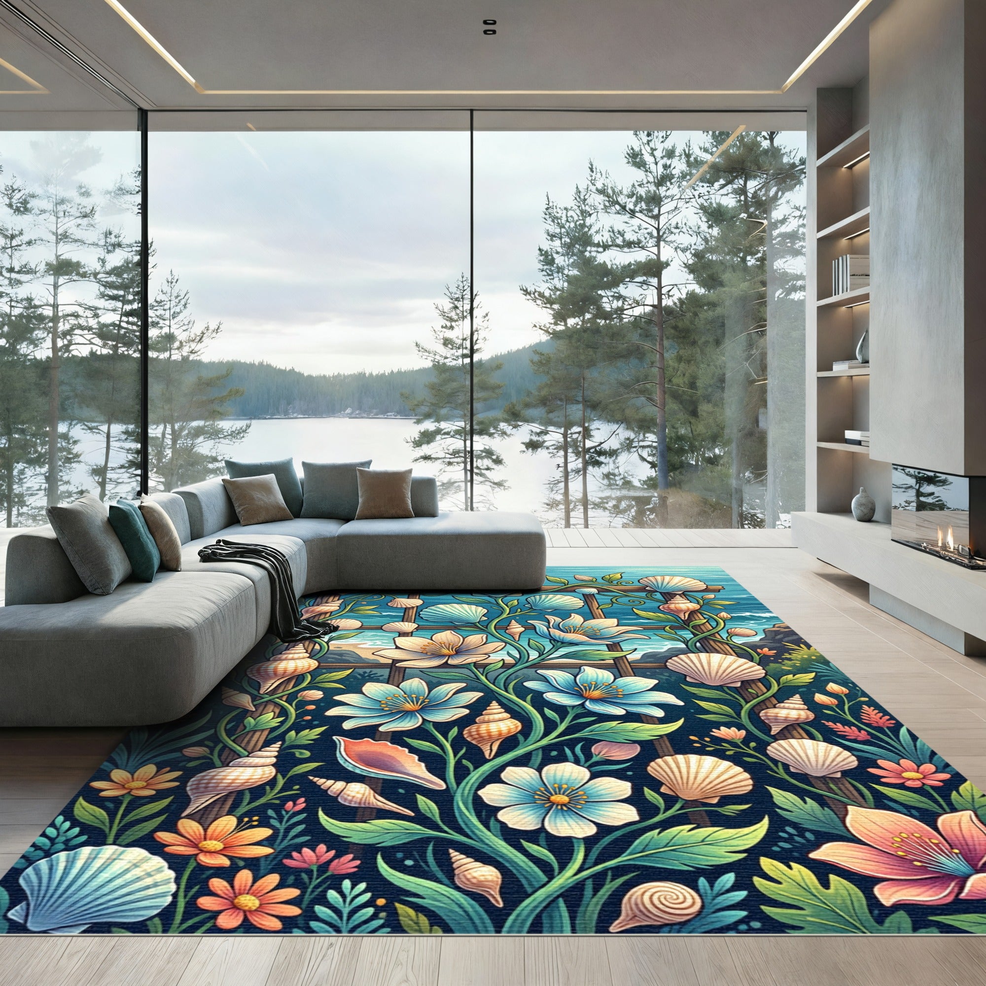 Coastal Seashell and Floral Garden Trellis Rug