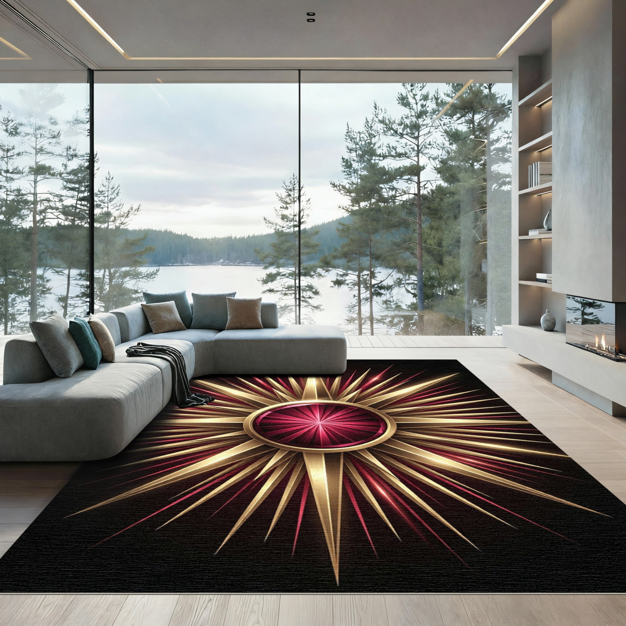 Radiant Gold Crimson Starburst Medallion Rug