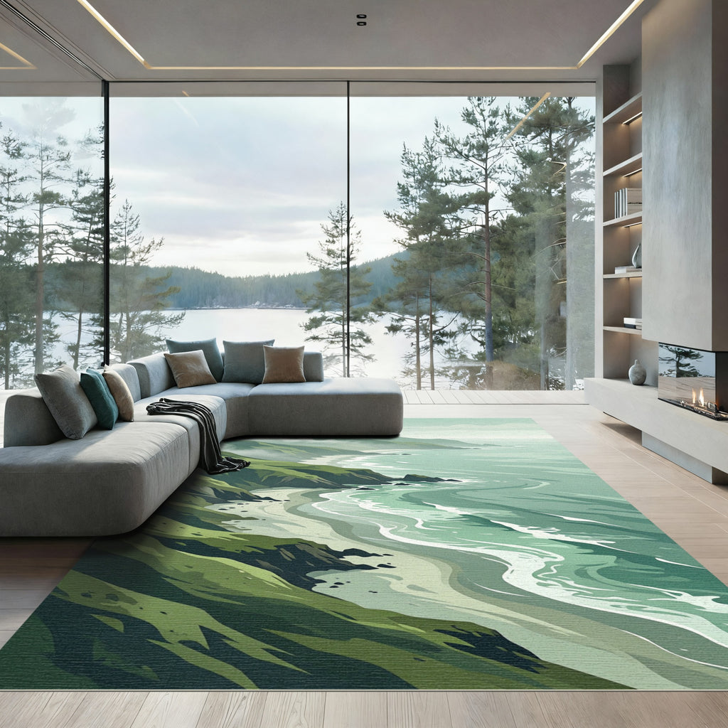 Misty Coastal Cliff Green Sea Horizon Rug