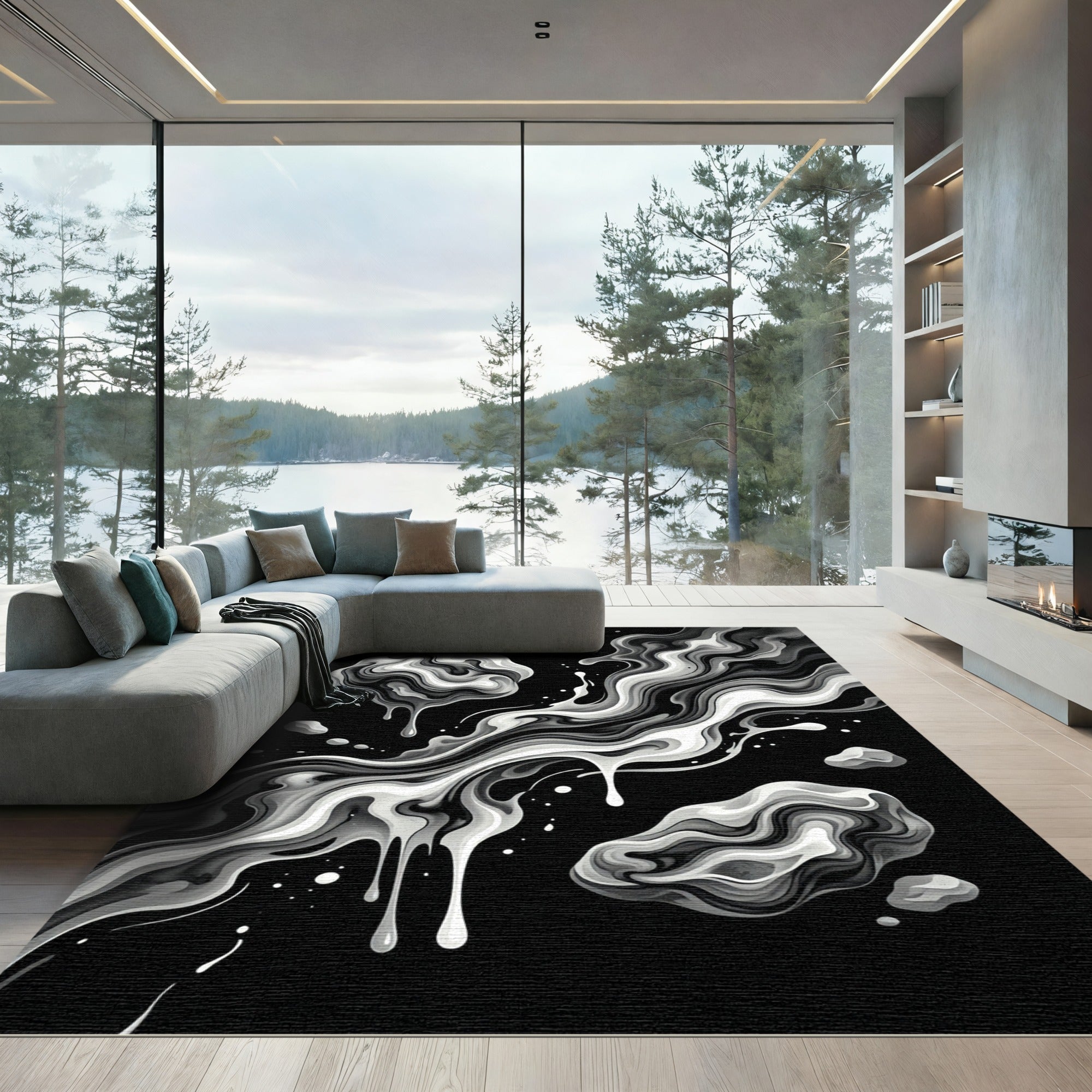 Monochromatic Organic Swirl Abstract Art Rug