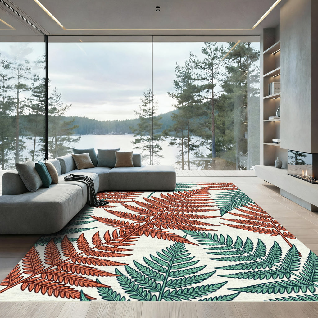 Botanical Copper and Teal Fern Foliage Rug