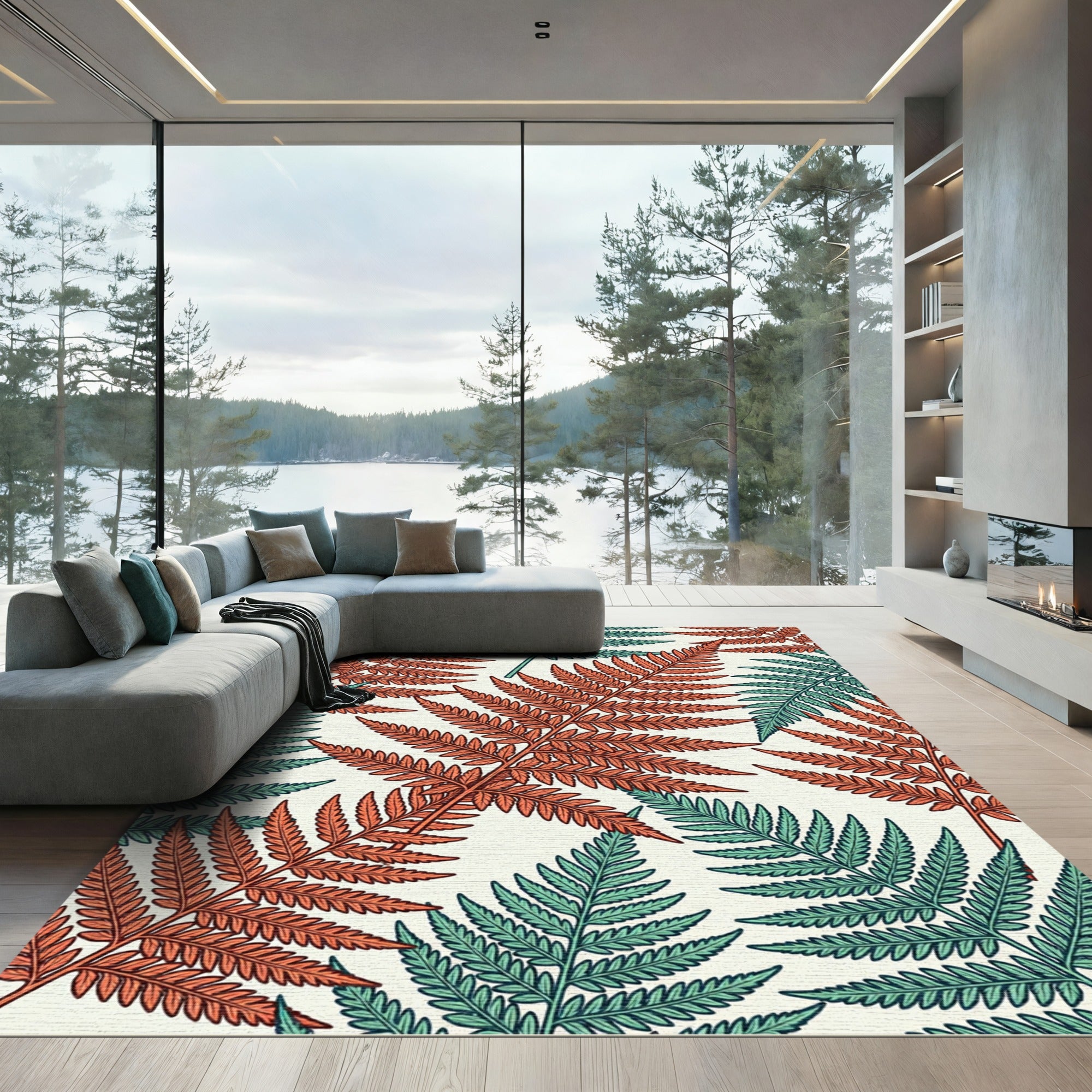 Botanical Copper and Teal Fern Foliage Rug