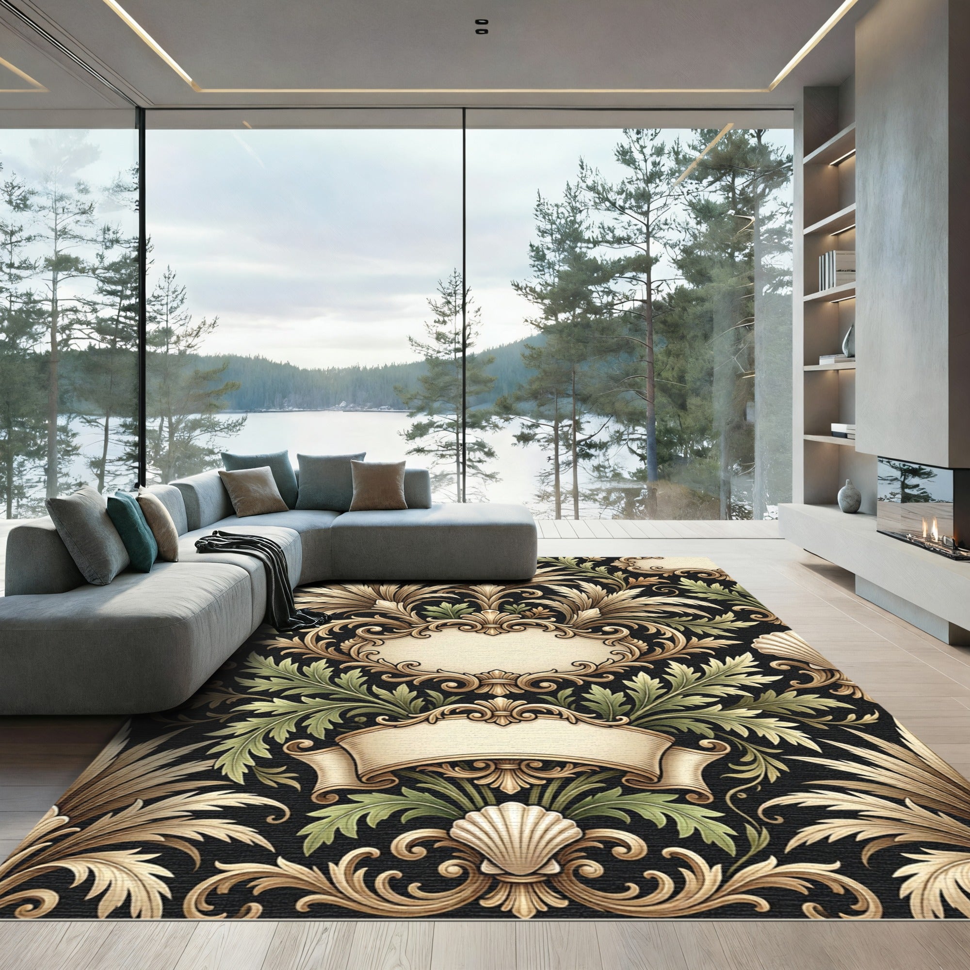 Elegant Gold Green Acanthus Scroll Rug
