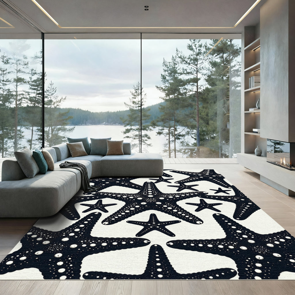 Bold Black Starfish Sea Life Rug