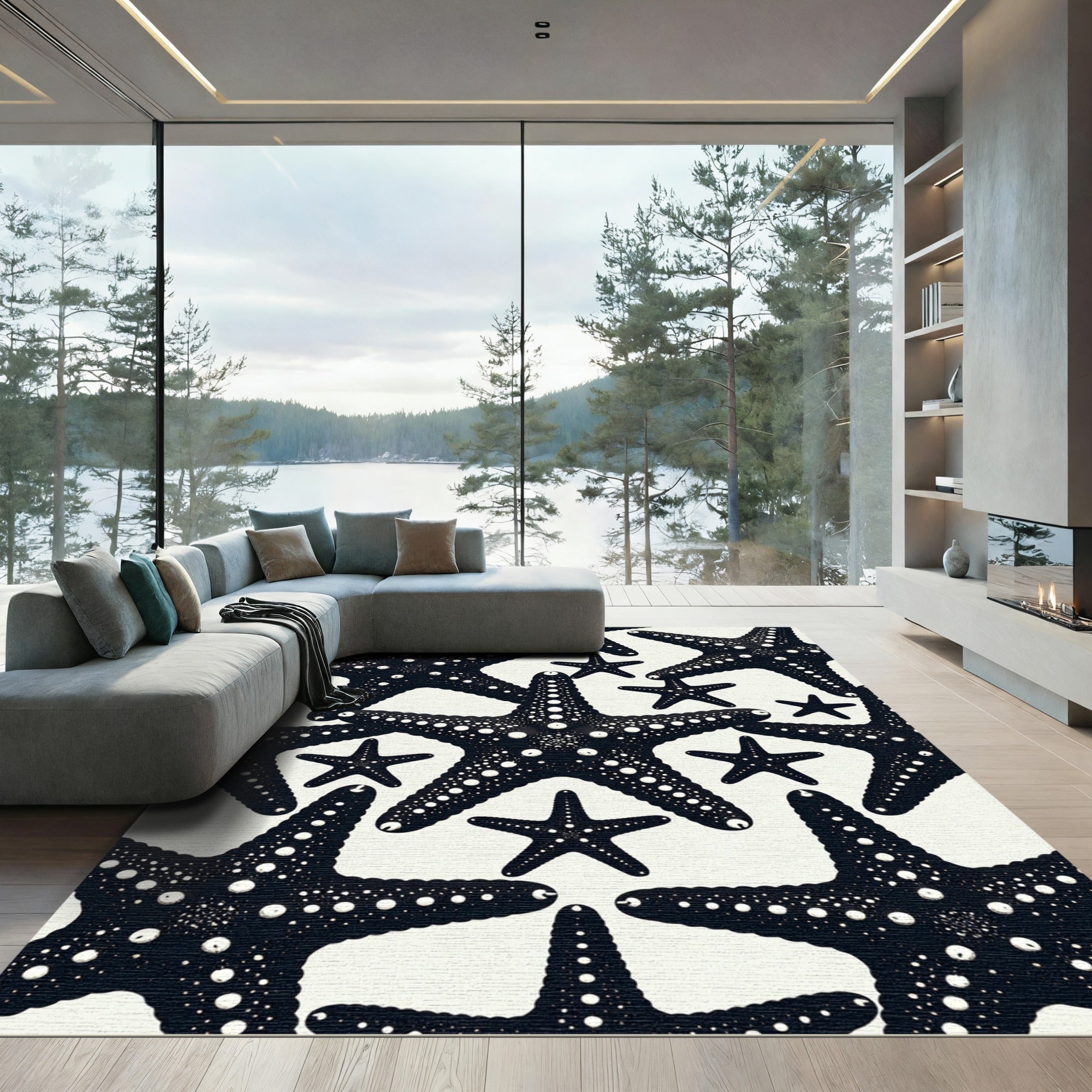 Bold Black Starfish Sea Life Rug