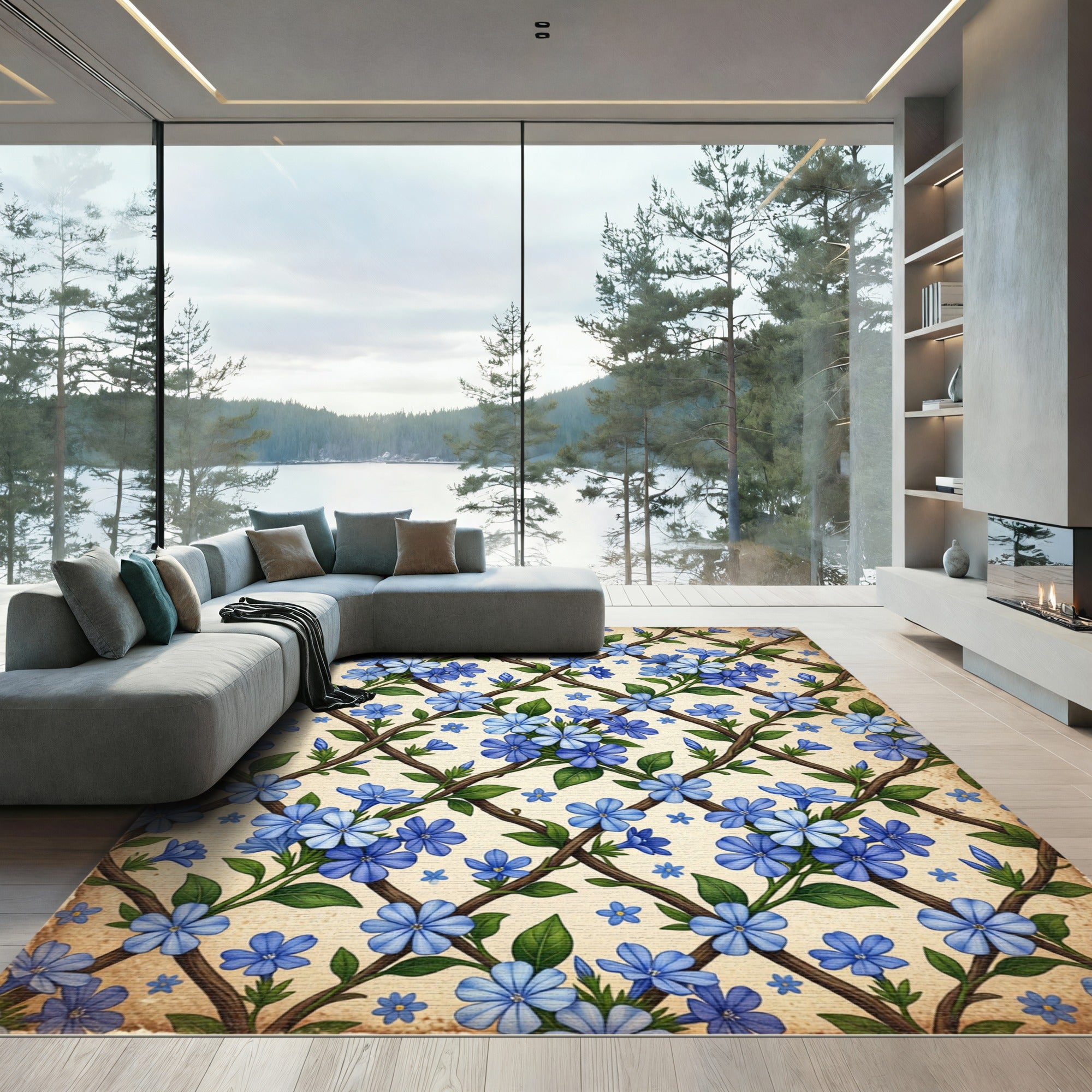 Blue Wildflower Vine Lattice Rug