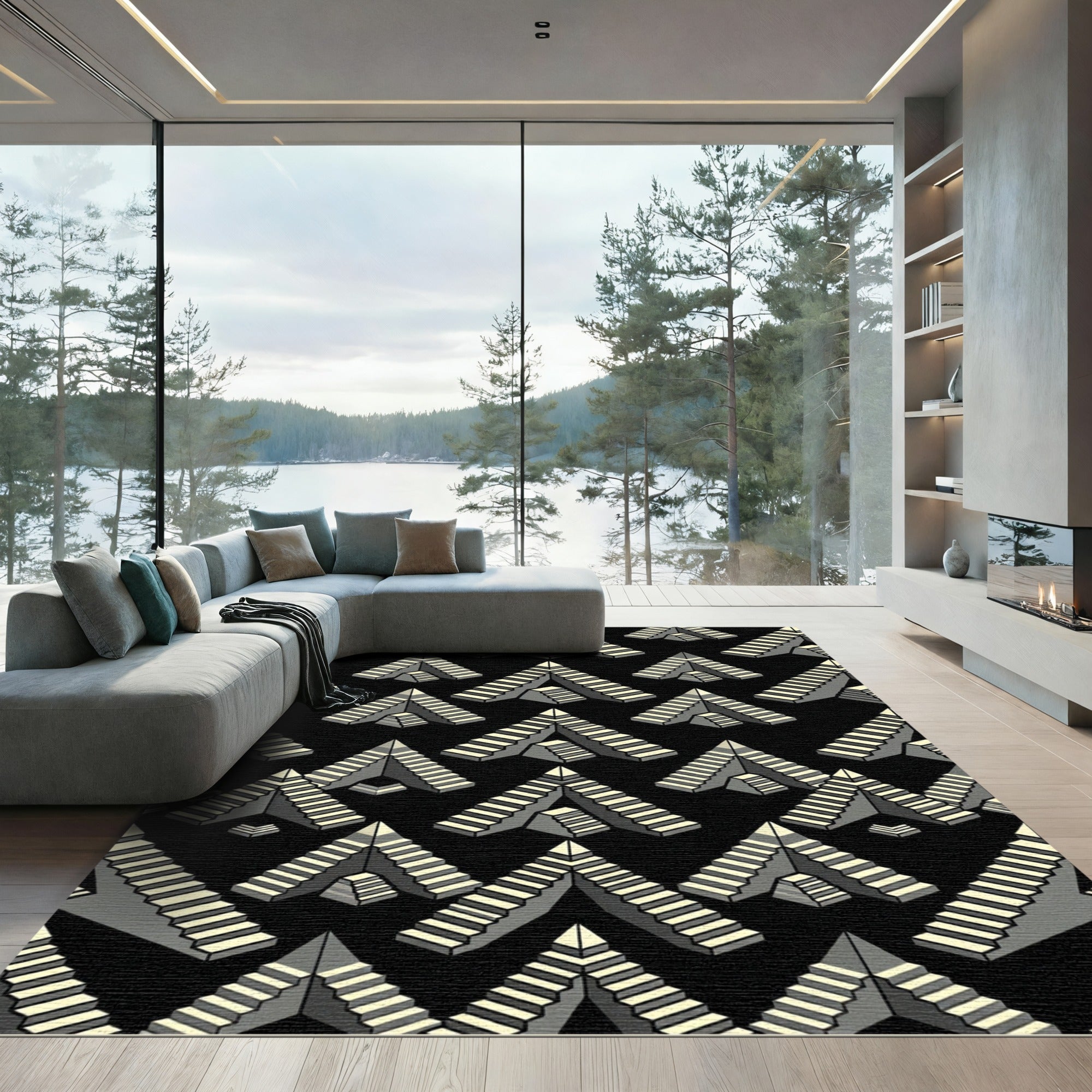 Modern Gray Isometric Stairs Rug