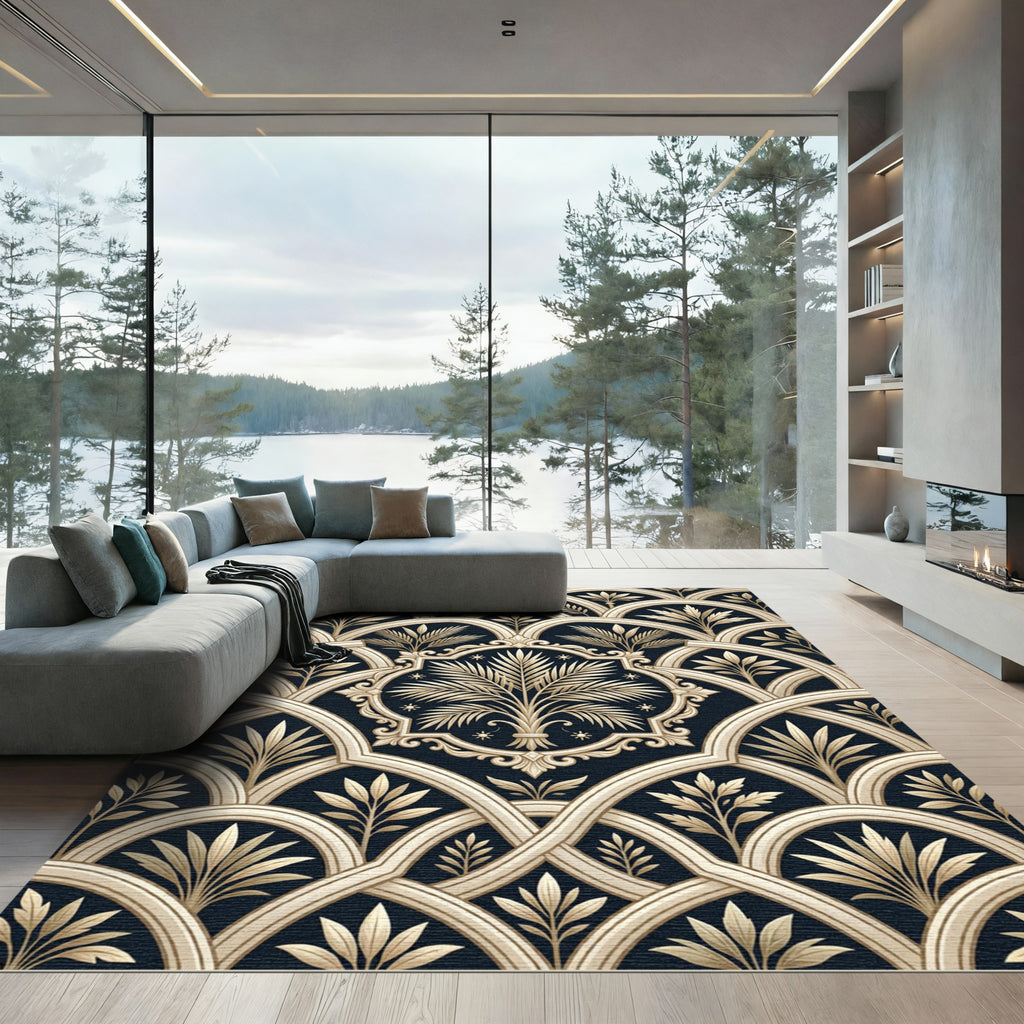 Elegant Cream Palm Art Deco Arch Rug