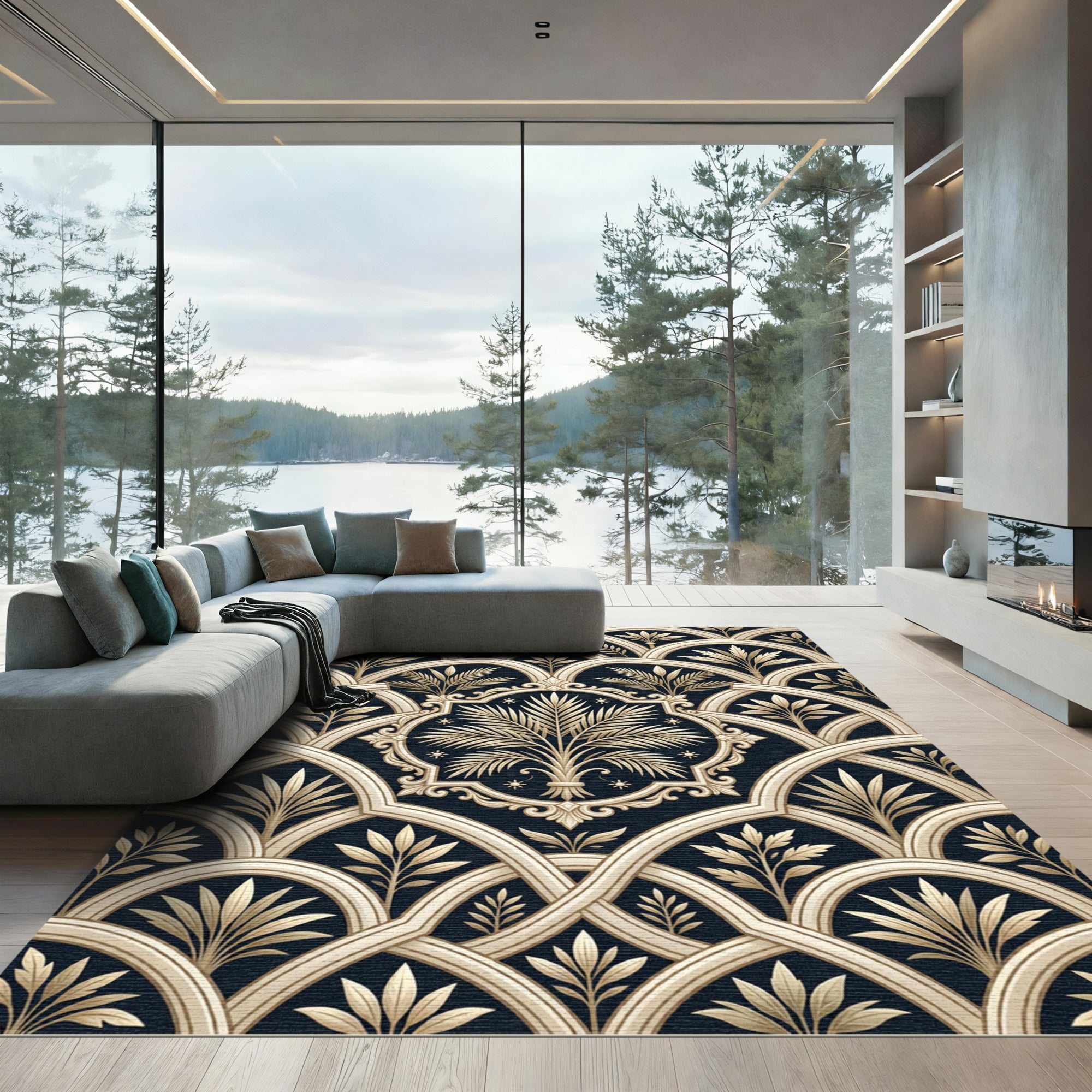 Elegant Cream Palm Art Deco Arch Rug