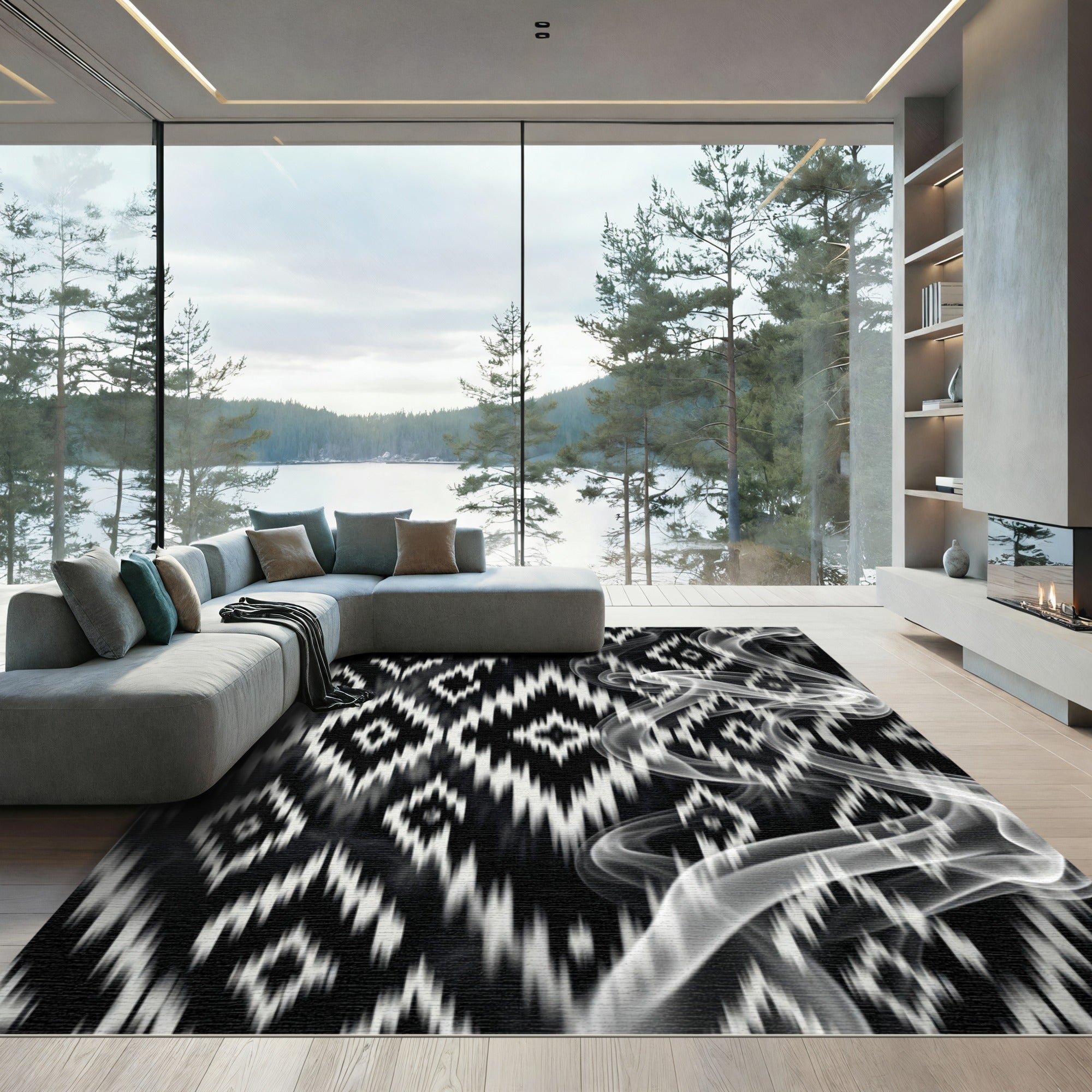 Black White Jagged Geometric Smoke Rug