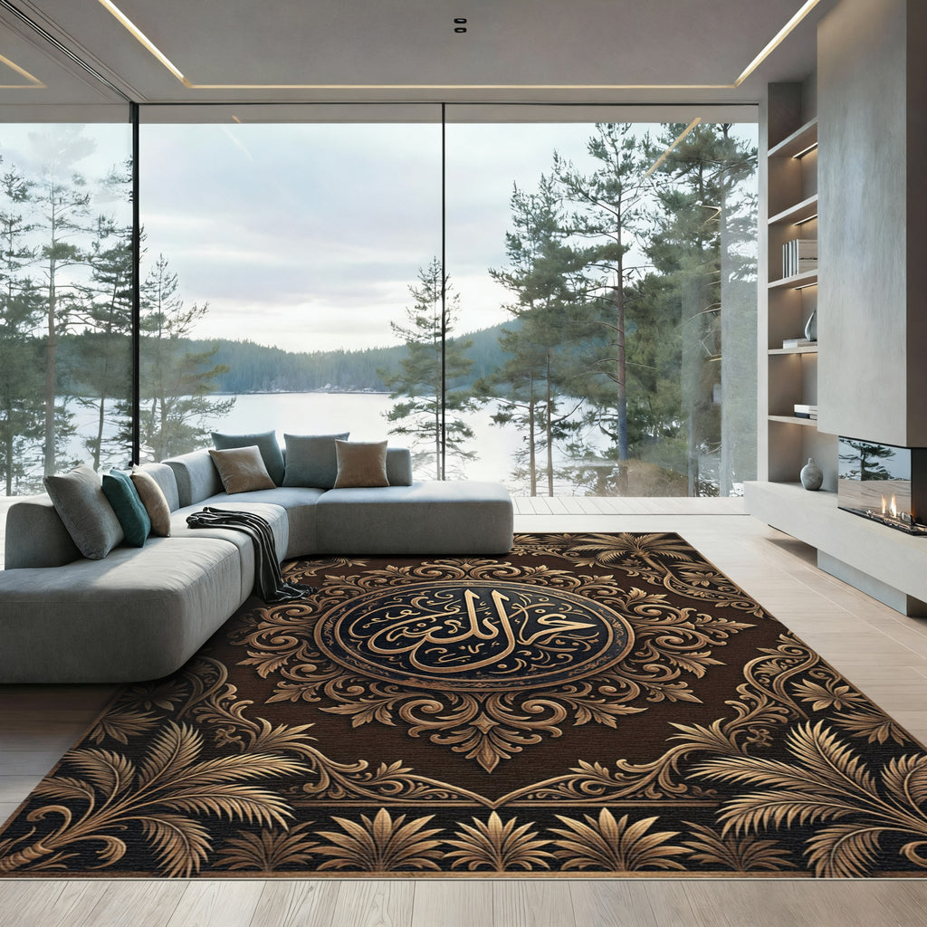 Ornate Bronze Calligraphy Palm Medallion Rug