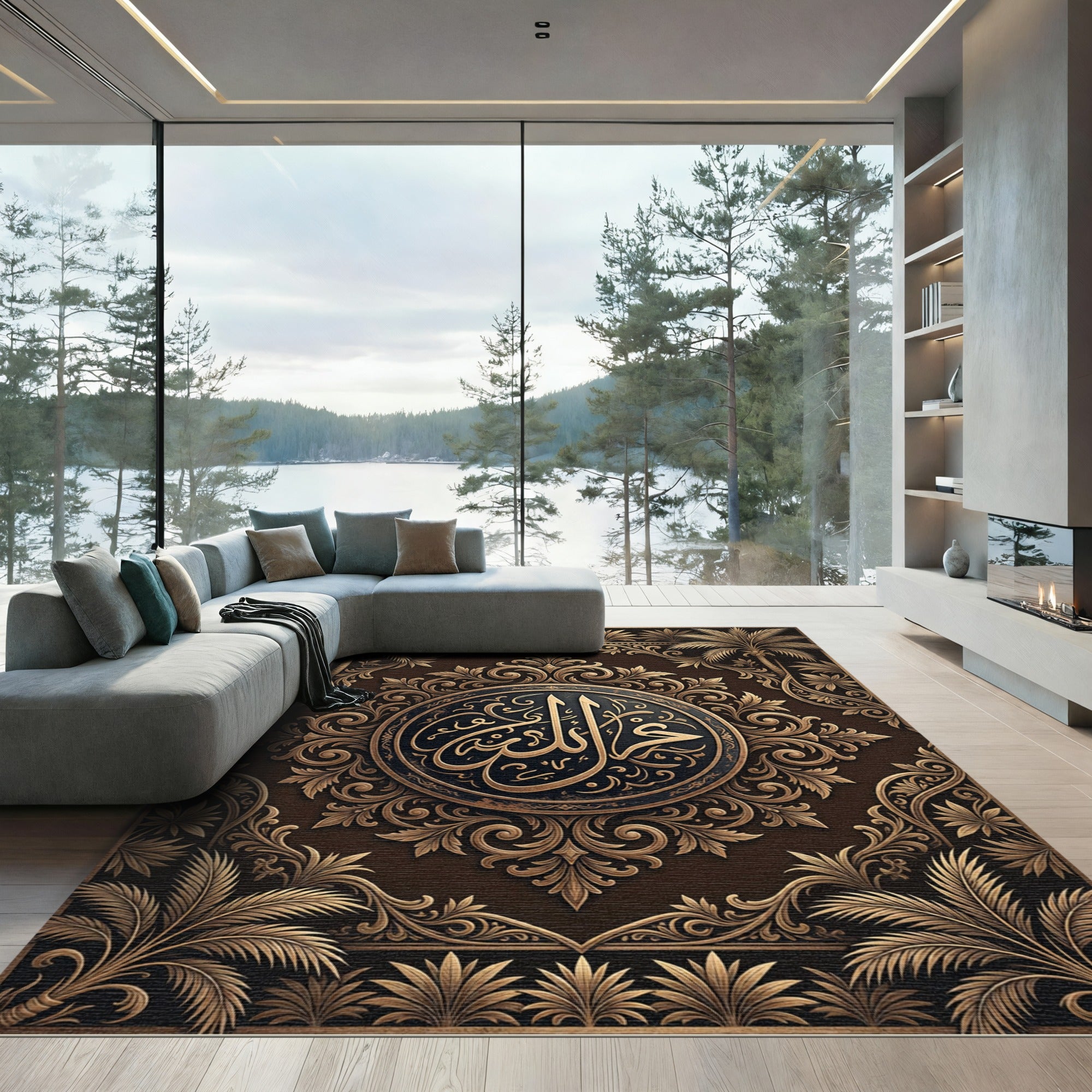 Ornate Bronze Calligraphy Palm Medallion Rug