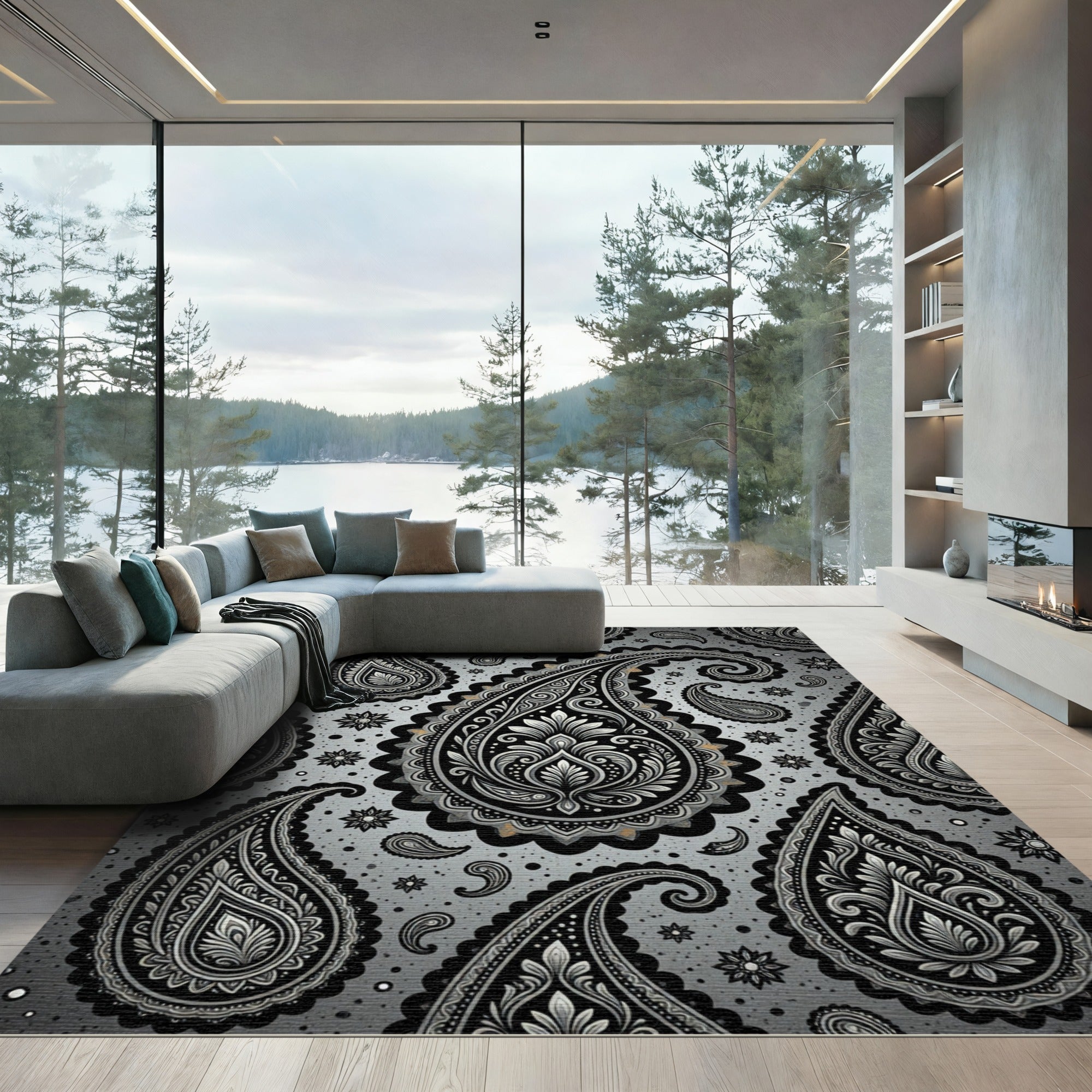 Monochrome Paisley Swirl Gray Area Rug
