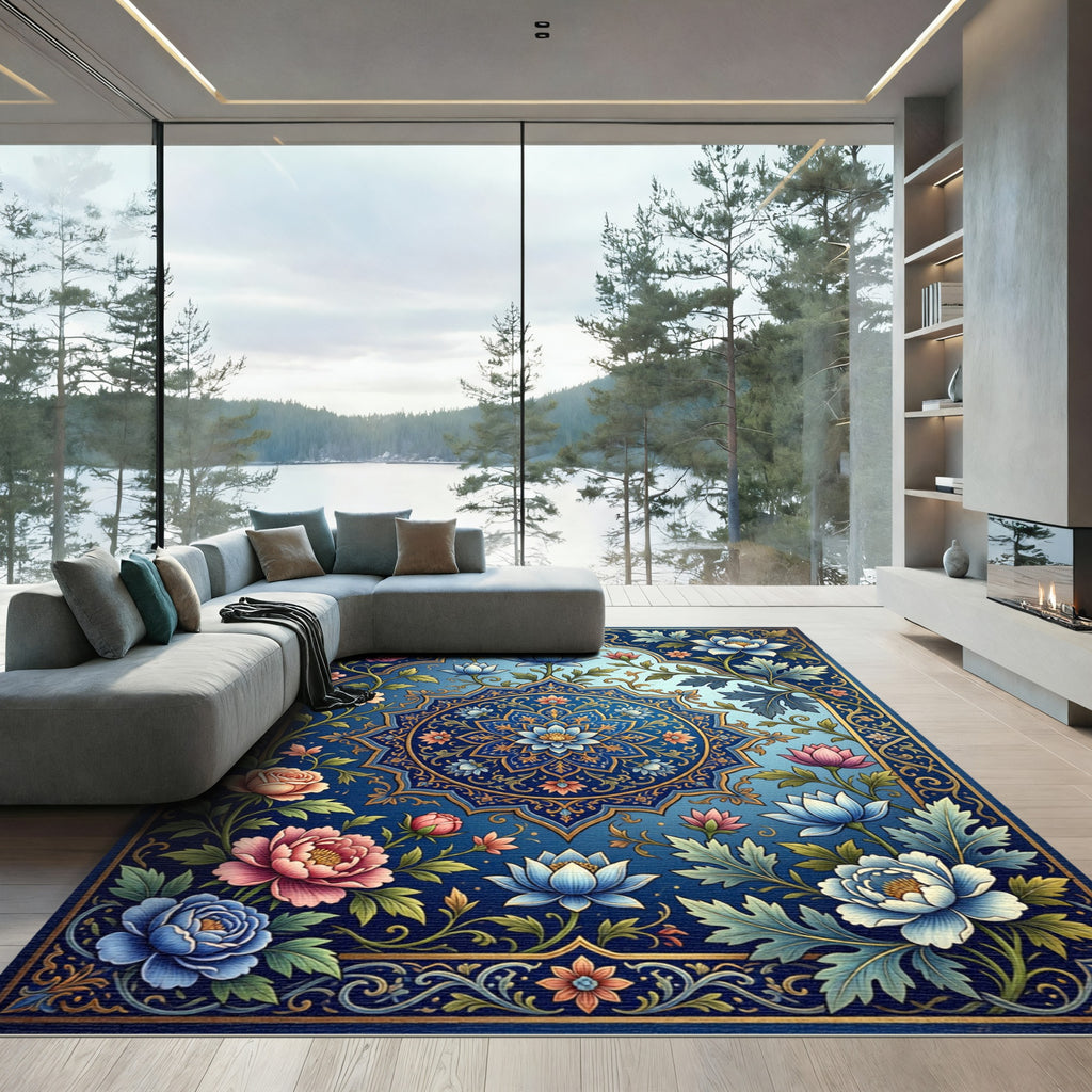 Vibrant Blue Floral Medallion Garden Rug