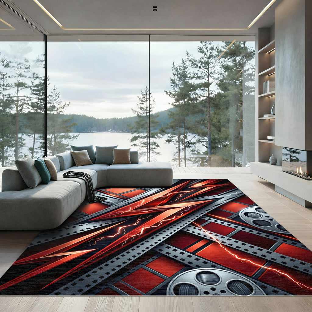Crimson Lightning Bolt Film Reel Rug