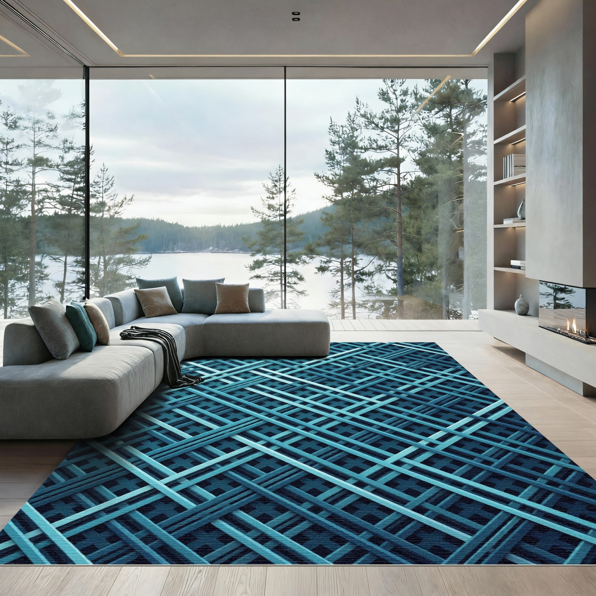 Deep Teal Interlocking Grid Rug