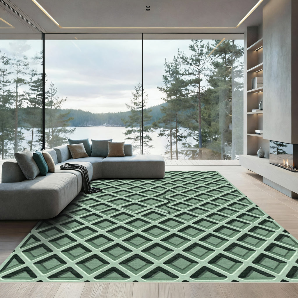 Sage Green Textured Waffle Grid Rug