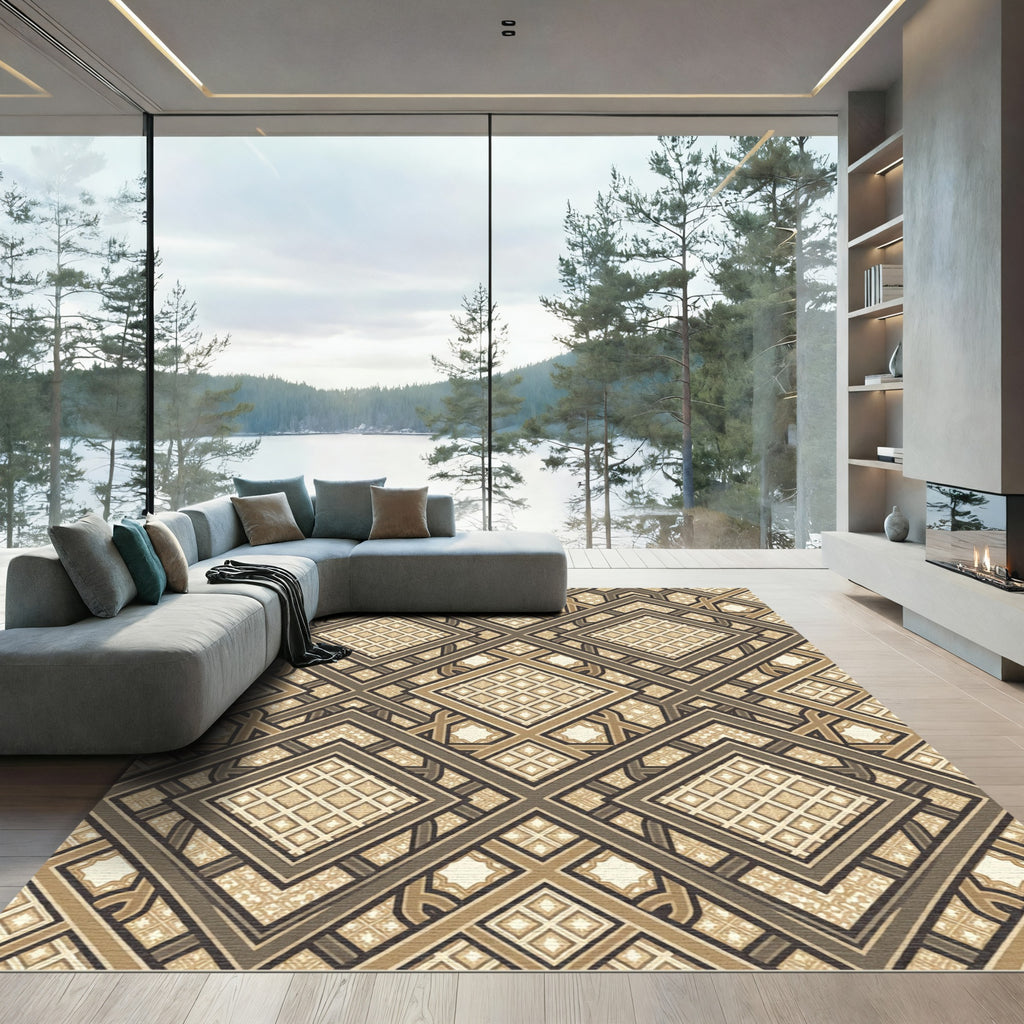 Neutral Geometric Interlocking Diamond Rug