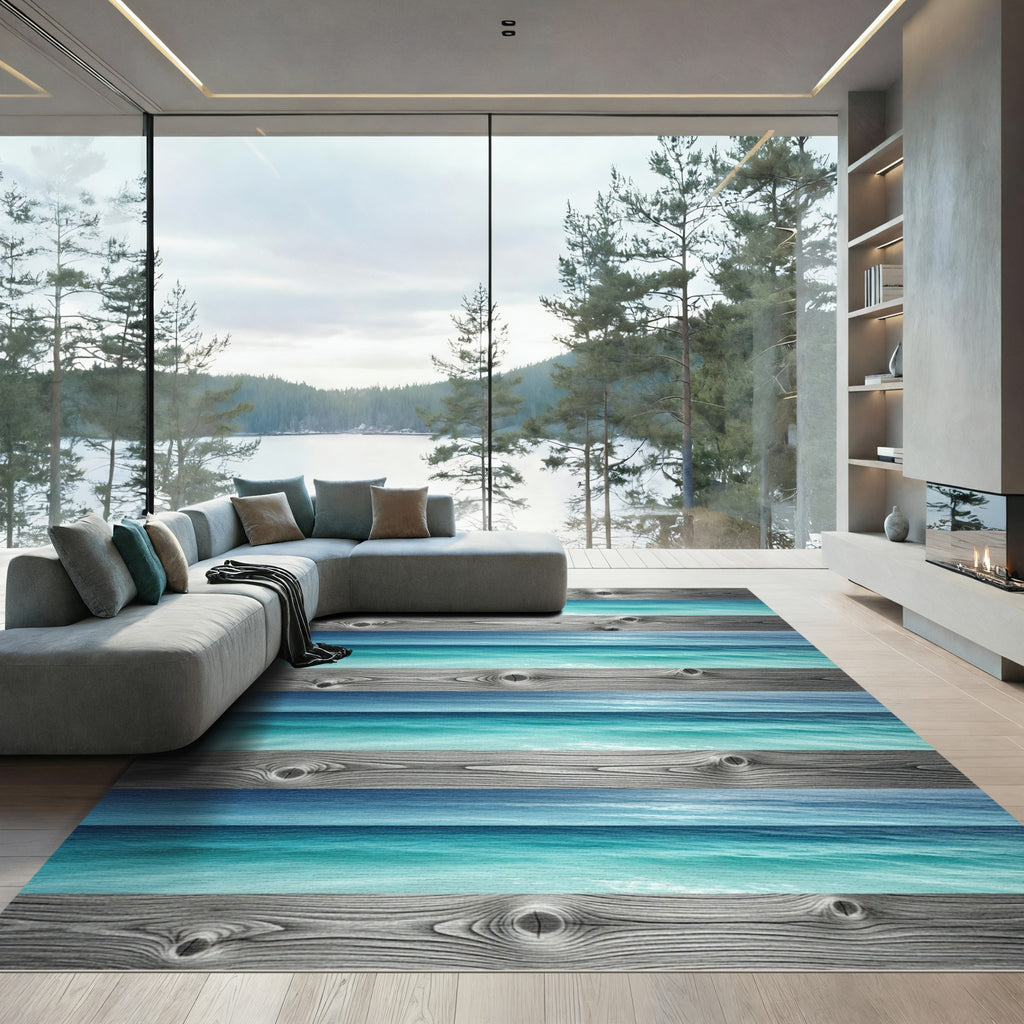 Coastal Nautical Driftwood Ocean Stripe Rug