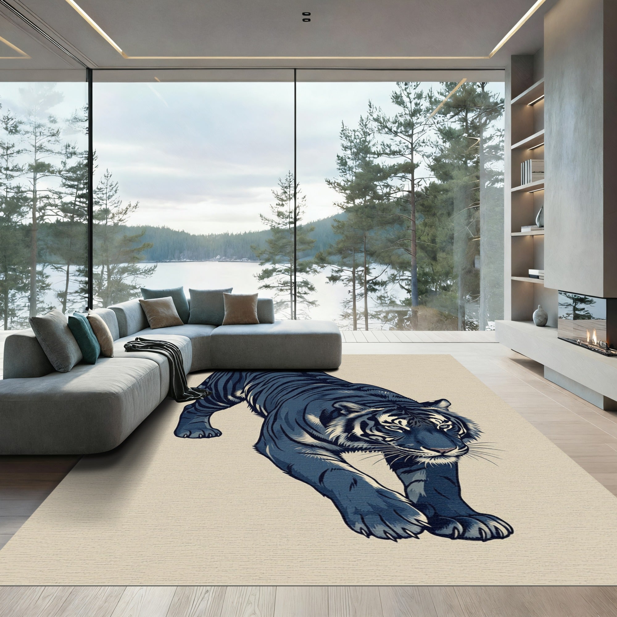 Dark Slate prowling Tiger Illustration Rug