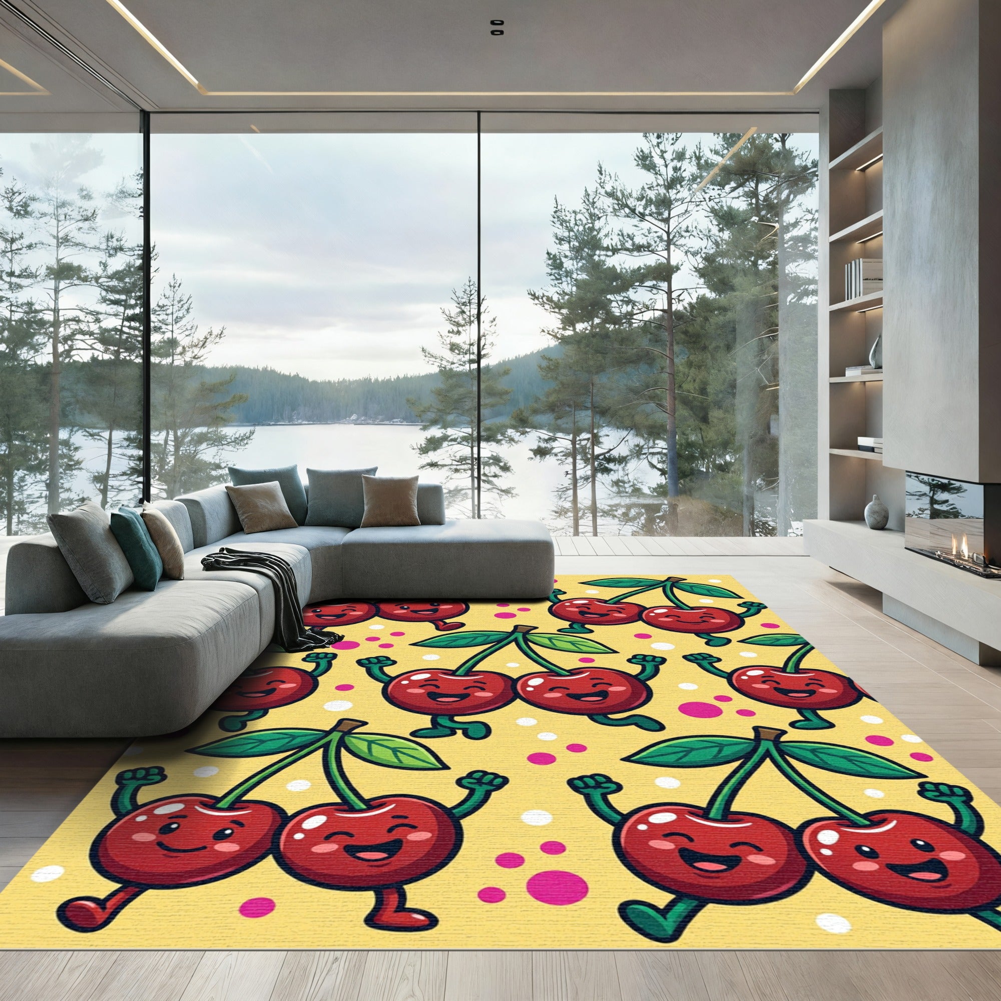 Playful Cheerful Cherry Duo Yellow Backdrop Rug