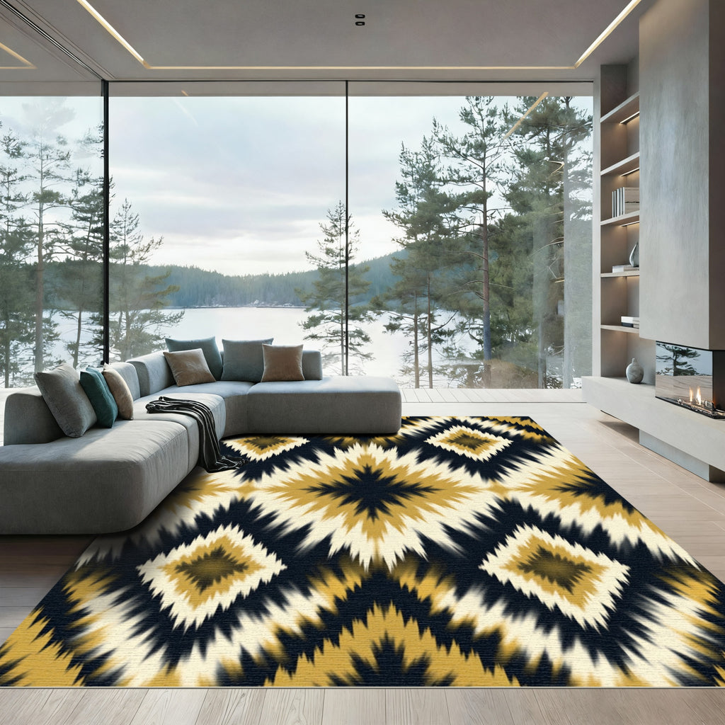 Golden Ikat Diamond Geometric Ink Rug