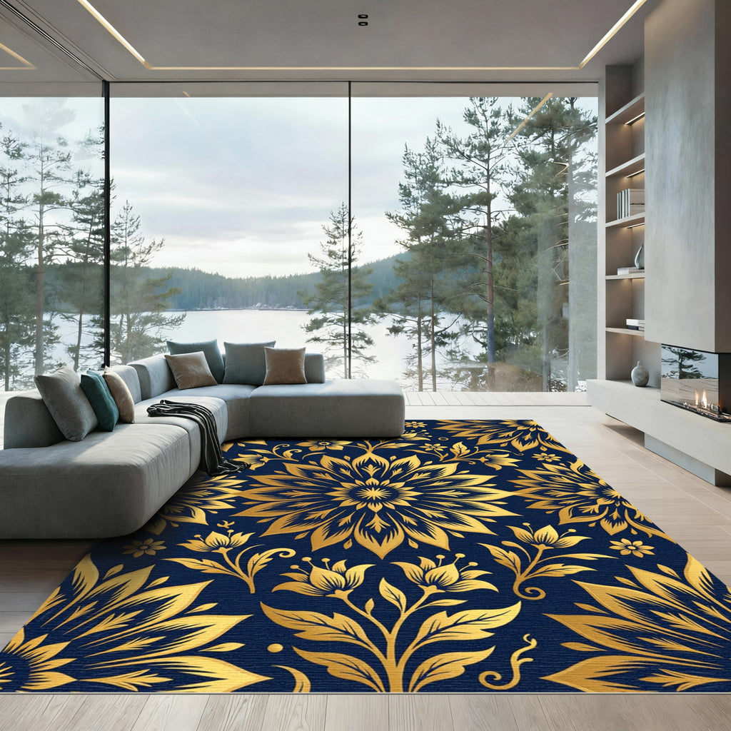 Golden Floral Medallion on Navy Rug