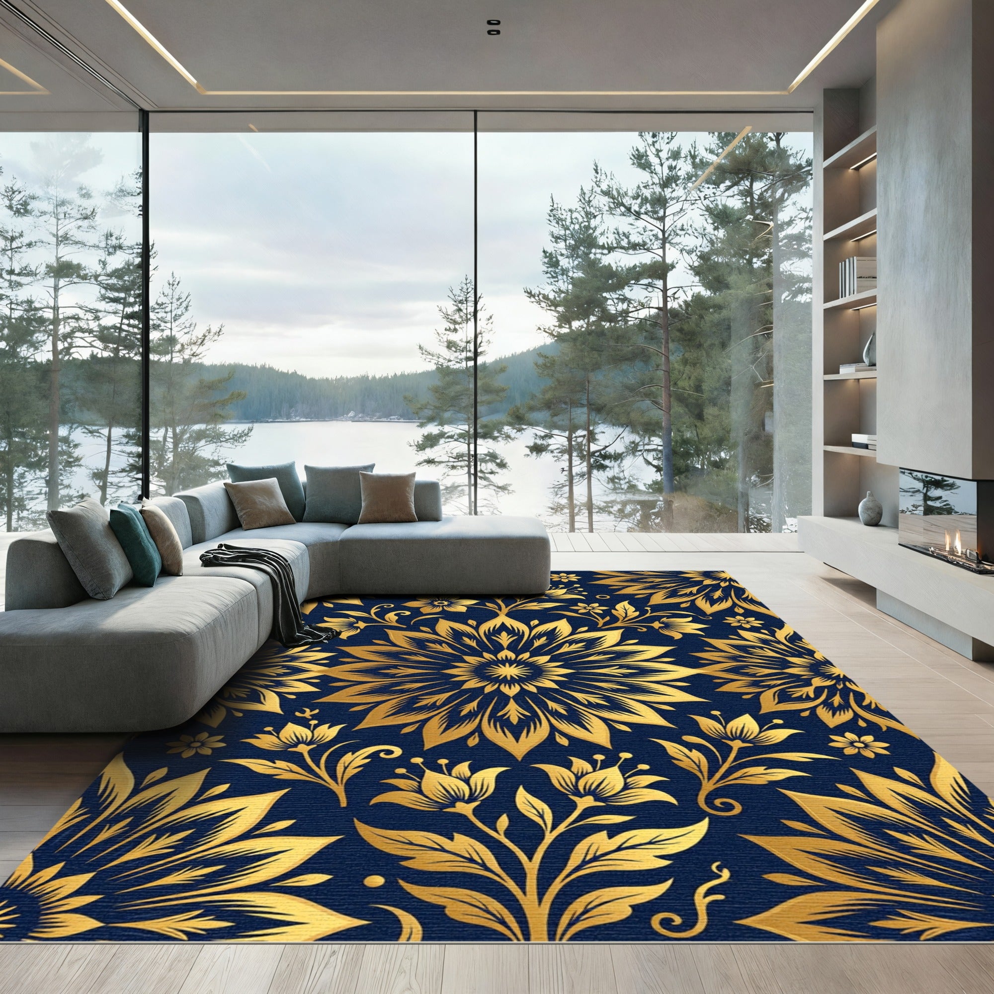 Golden Floral Medallion on Navy Rug