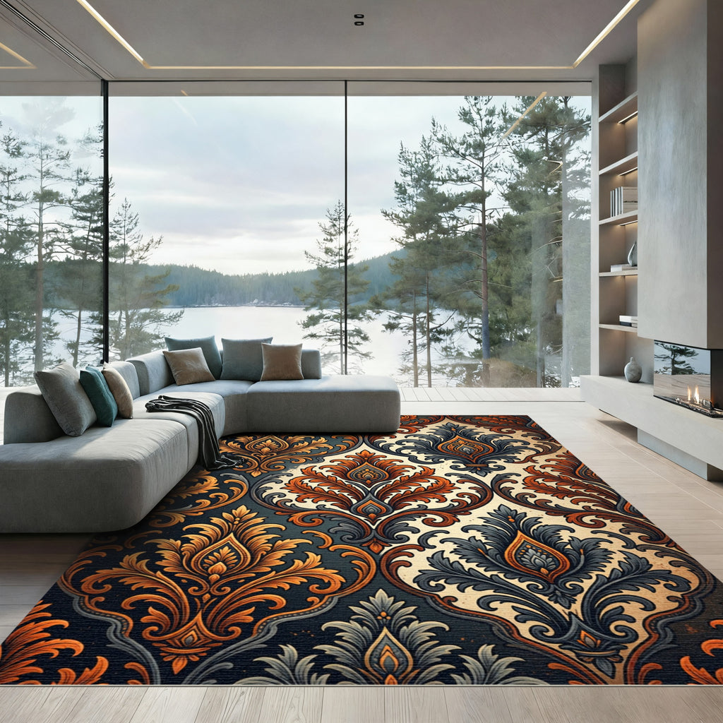 Dark Amber Damask Floral Scroll Rug