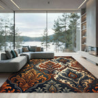 Dark Amber Damask Floral Scroll Rug