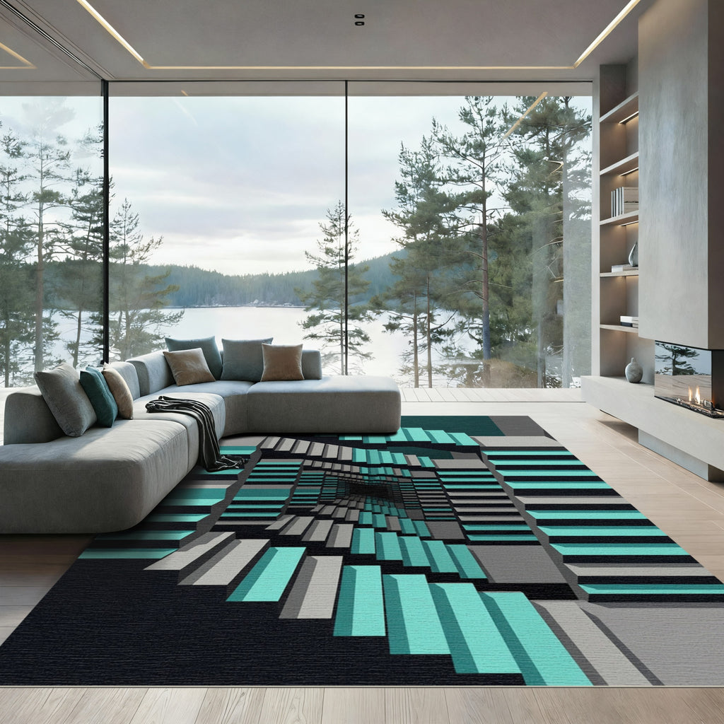 Geometric Teal and Gray Infinite Stairs Rug