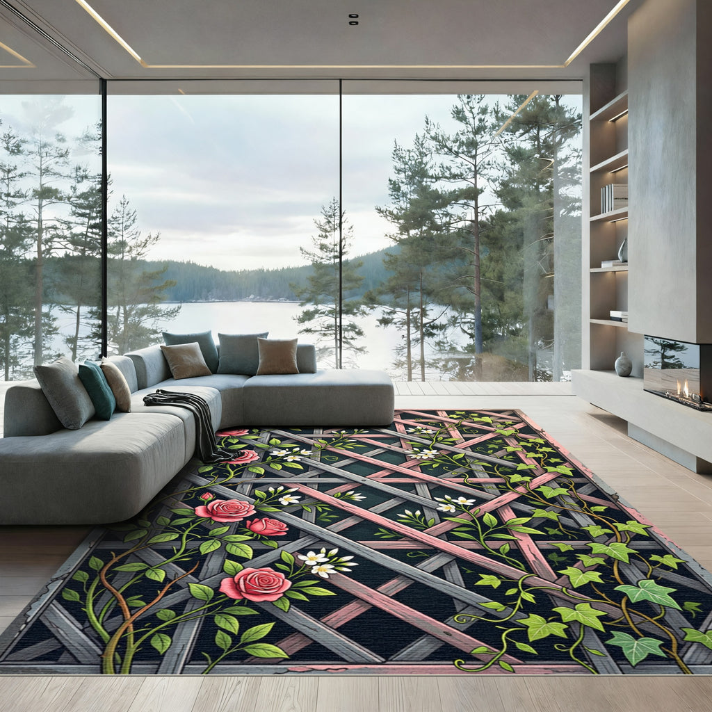 Pink Rose Climbing Lattice Garden Rug