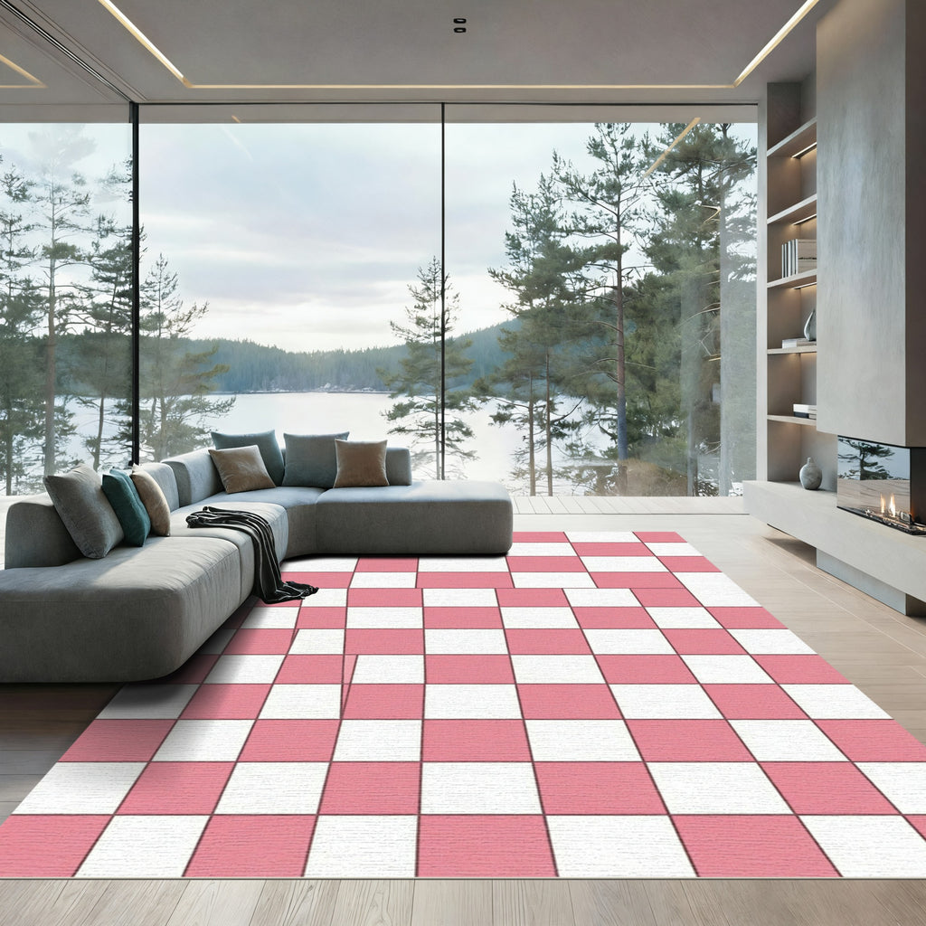 Modern Coral and White Checkerboard Grid Rug