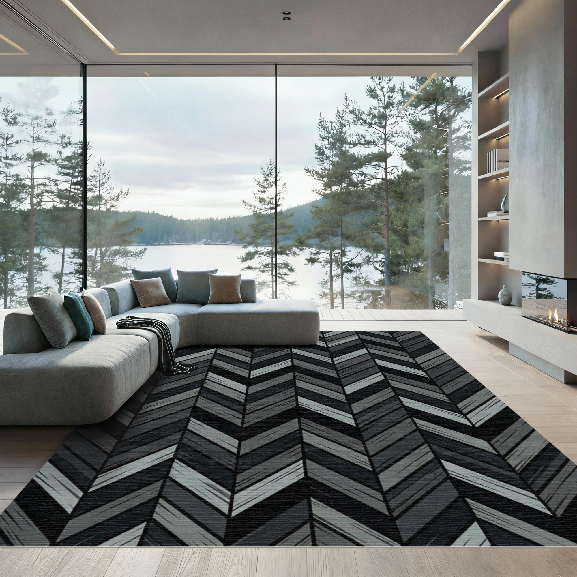 Deep Charcoal Gray Herringbone Strokes Rug