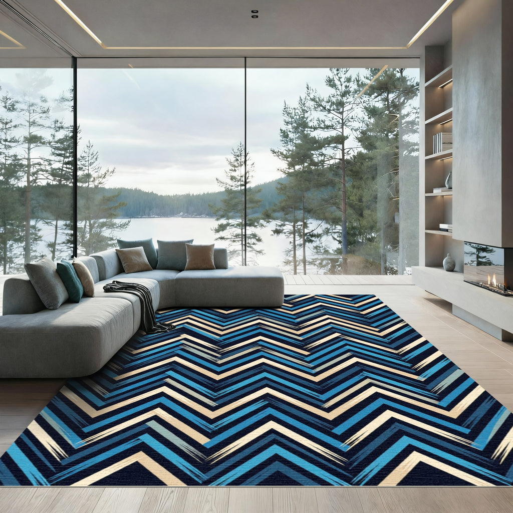 Navy and Cream Chevron Zigzag Rug