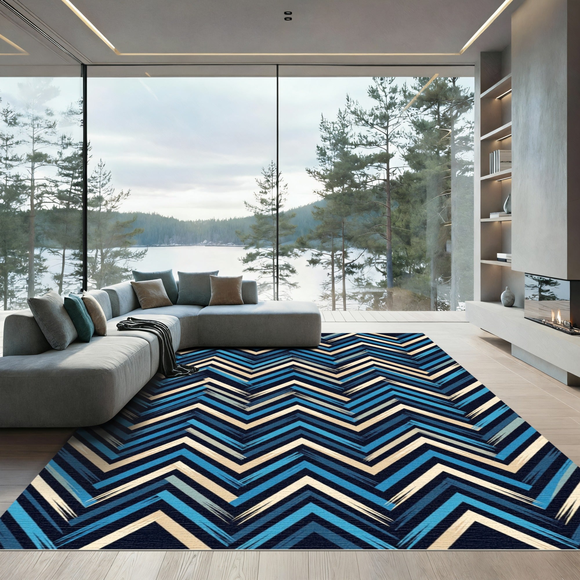 Navy and Cream Chevron Zigzag Rug