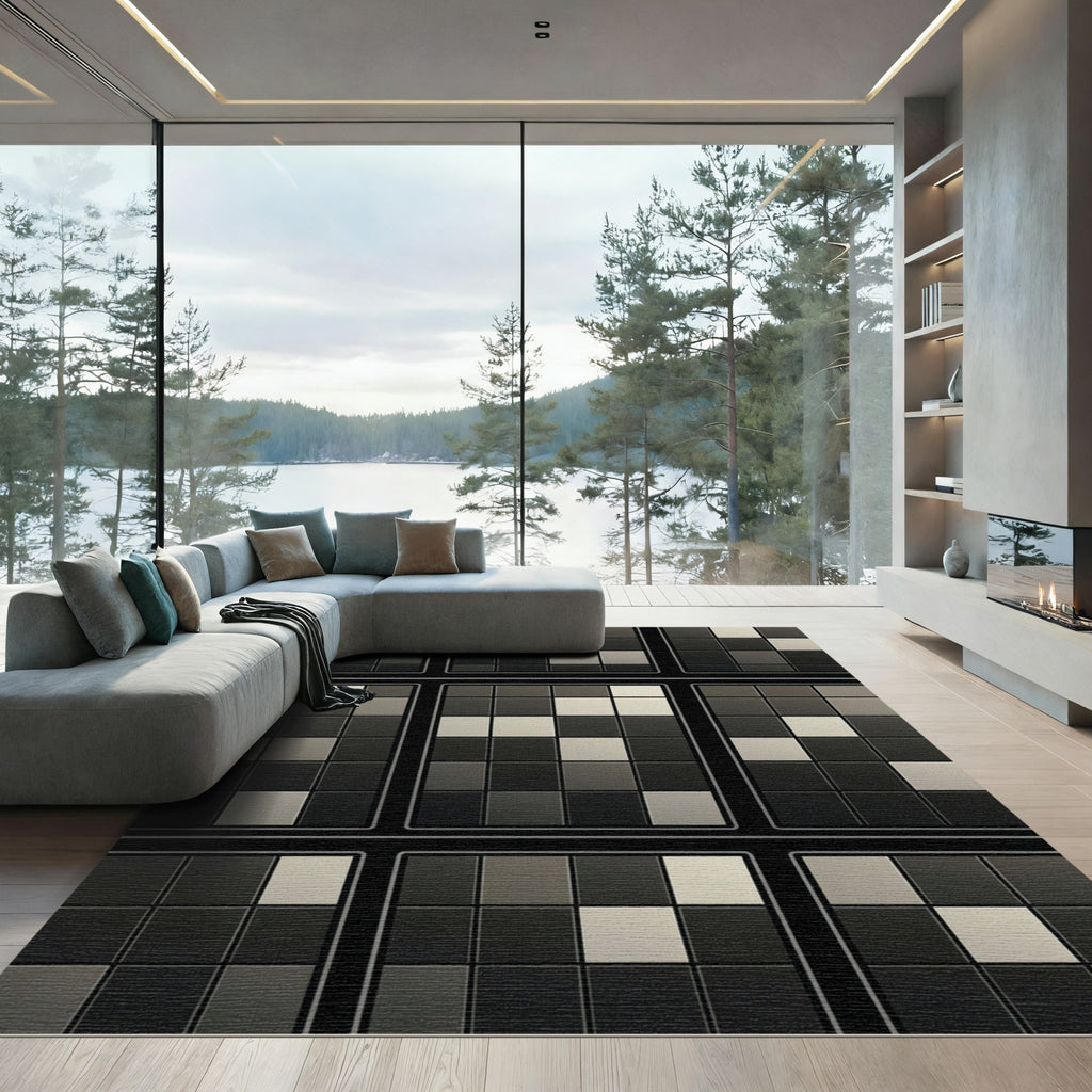 Modern Dark Gray Subtle Grid Rug