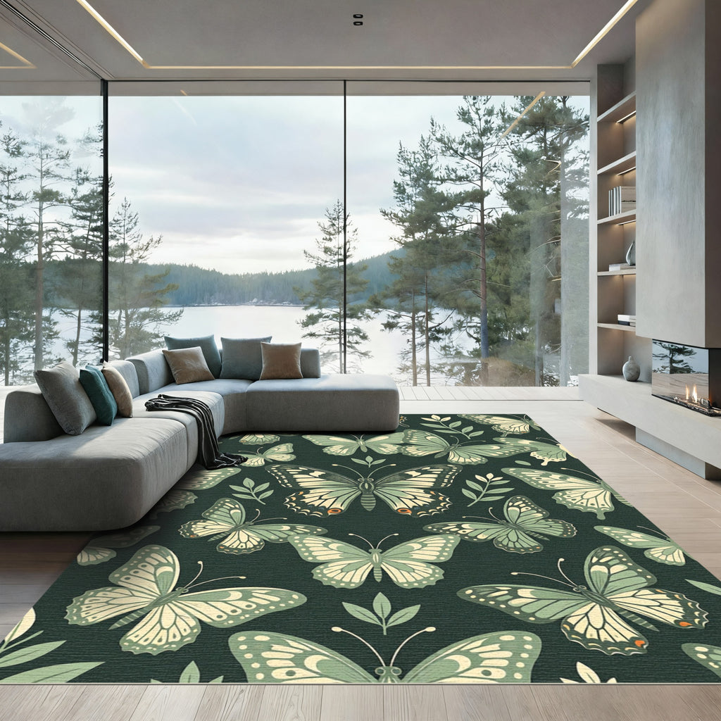 Sage Green Botanical Butterfly Garden Rug