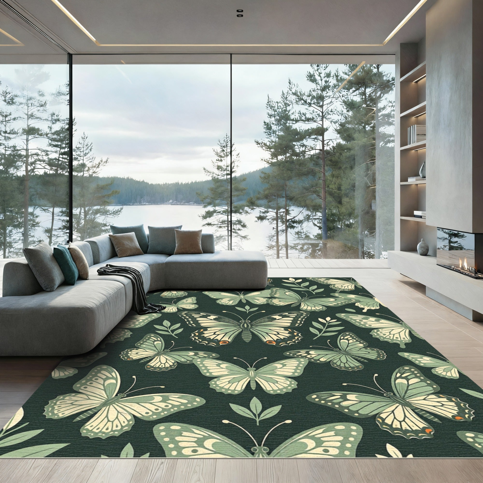 Sage Green Botanical Butterfly Garden Rug